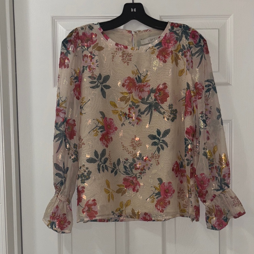 LOFT Floral Print Sheer Blouse - Pink and Gold